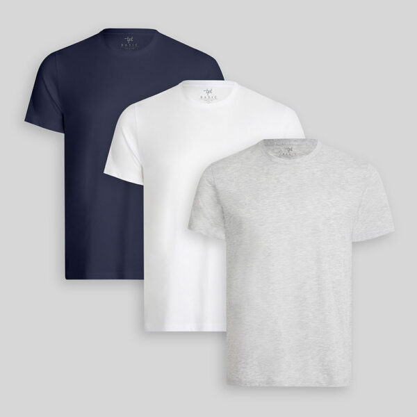 Pack de 3 polos Hombre Cuello Redondo Blanco / Gris Poly / Azul Oxford