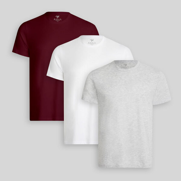 Pack de 3 polos Hombre Cuello Redondo Blanco / Gris Poly / Guinda Sombra