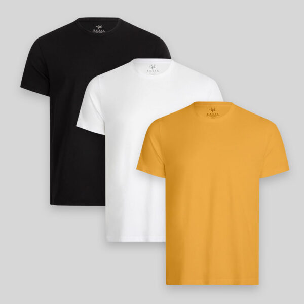 Pack de 3 polos Hombre Cuello Redondo Blanco / Negro / Mostaza Golden