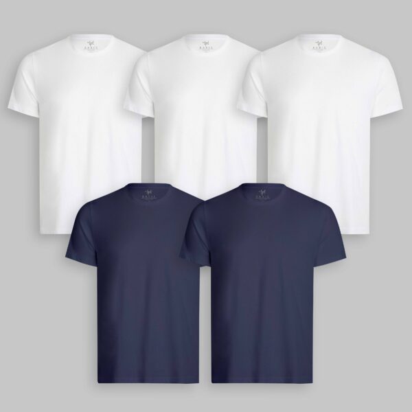 Pack de 5 polos Cuello Redondo Blanco / Azul Oxford