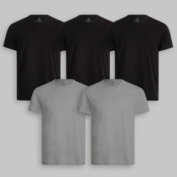 Pack de 5 polos Cuello Redondo Negro / Plomo Melange