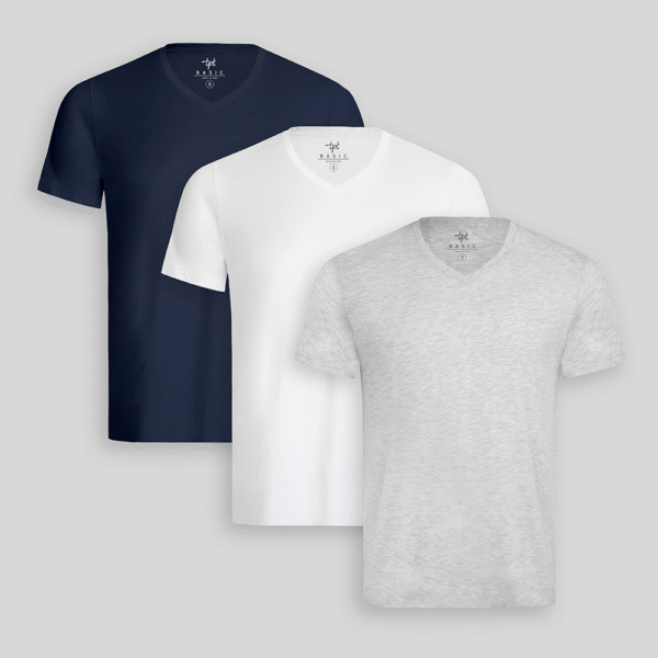 Pack de 3 polos Hombre Cuello V Blanco / Gris Poly / Azul Oxford