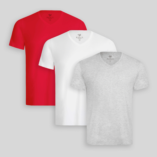 Pack de 3 polos Hombre Cuello V Blanco / Gris Poly / Rojo Flama