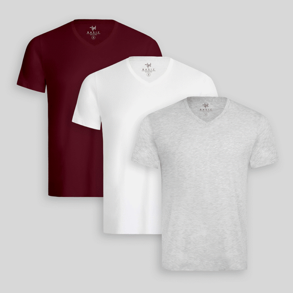 Pack de 3 polos Hombre Cuello V Blanco / Gris Poly / Guinda Sombra