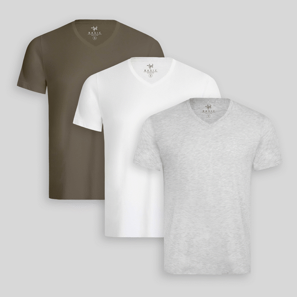 Pack de 3 polos Hombre Cuello V Blanco / Gris Poly / Verde Militar