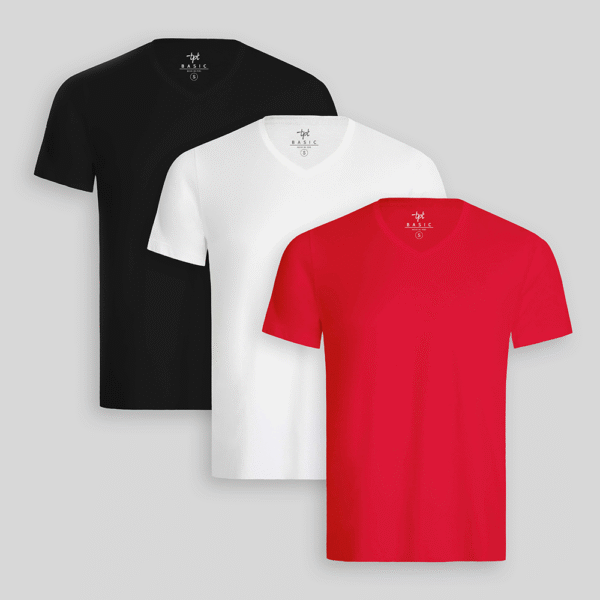 Pack de 3 polos Hombre Cuello V Blanco / Negro / Rojo Flama