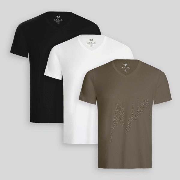 Pack de 3 polos Hombre Cuello V Blanco / Negro / Verde Militar