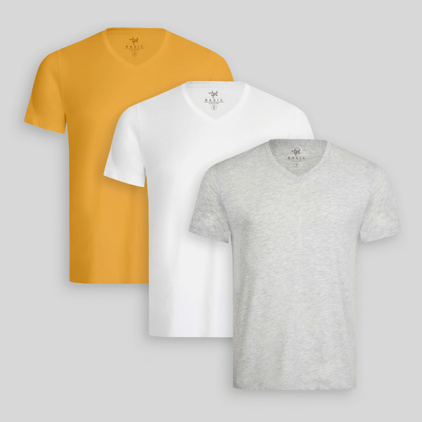 Pack de 3 polos Hombre Cuello V Blanco / Gris Poly / Mostaza Golden