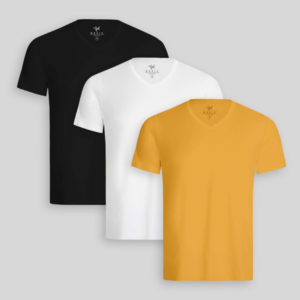 Pack de 3 polos Hombre Cuello V Blanco / Negro / Mostaza Golden