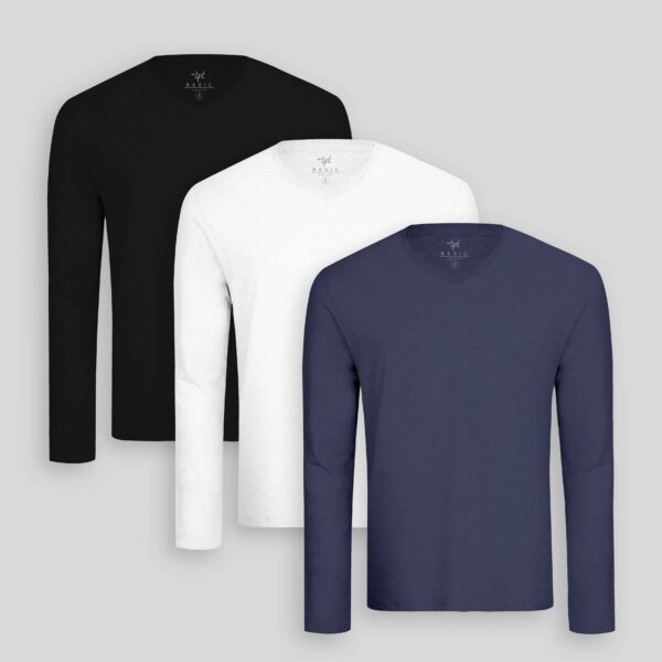 Pack de 3 polos manga larga Cuello V Blanco Optico / Negro / Azul Oxford