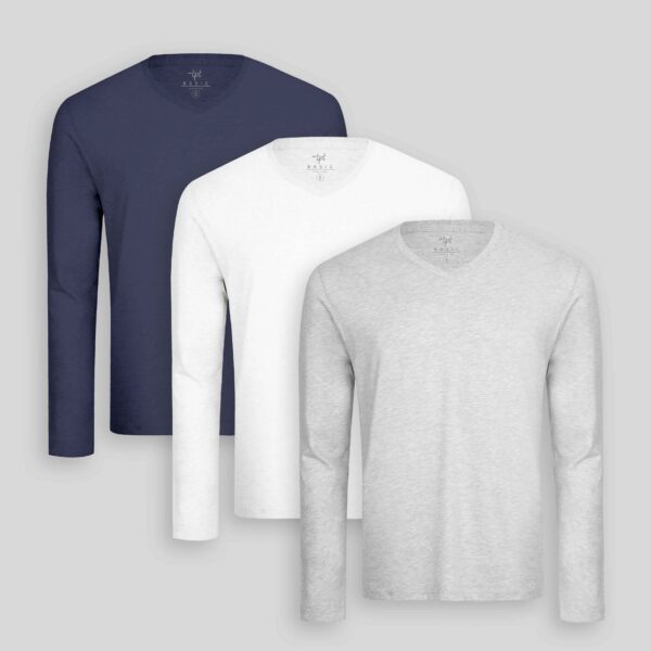 Pack de 3 polos manga larga Cuello V Blanco Optico / Gris Poly / Azul Oxford