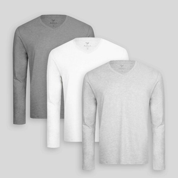 Pack de 3 polos manga larga Cuello V Blanco Optico / Gris Poly / Plomo Melange