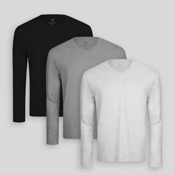 Pack de 3 polos manga larga Cuello V Gris Poly / Negro / Plomo Melange