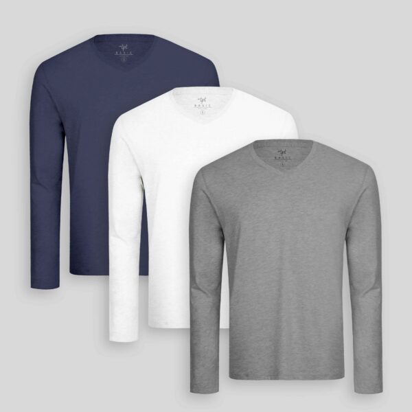 Pack de 3 polos manga larga Cuello V Blanco Optico / Azul Oxford / Plomo Melange