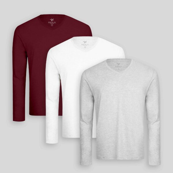 Pack de 3 polos manga larga Cuello V Blanco Optico / Gris Poly / Guinda Sombra