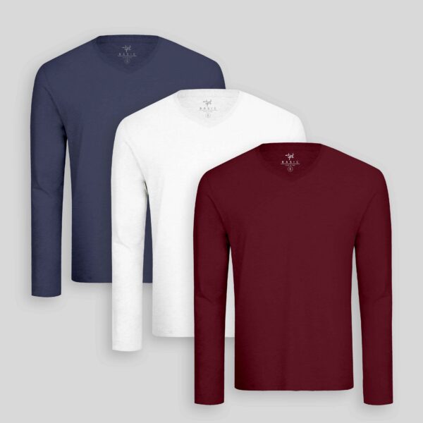 Pack de 3 polos manga larga Cuello V Blanco Optico / Azul Oxford / Guinda Sombra