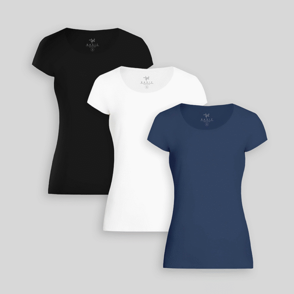 Pack de 3 polos Mujer Cuello Redondo Blanco / Negro / Azul Atlantico