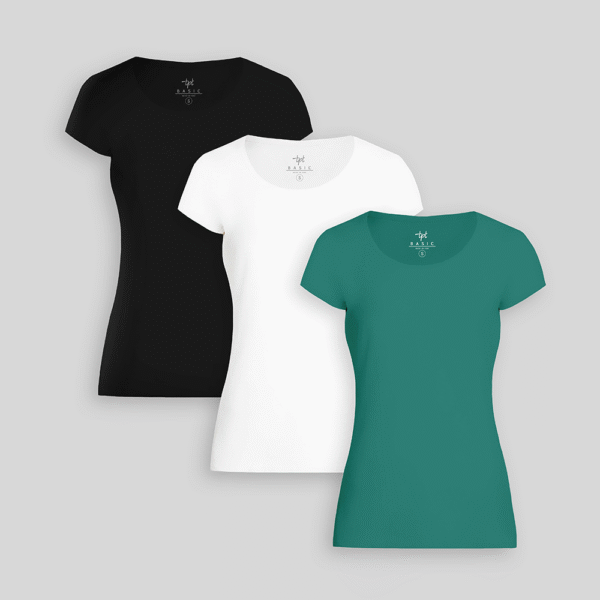 Pack de 3 polos Mujer Cuello Redondo Blanco / Negro / Verde Cali