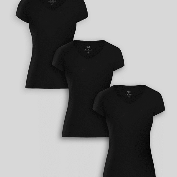 Pack de 3 polos Mujer Cuello V Negro