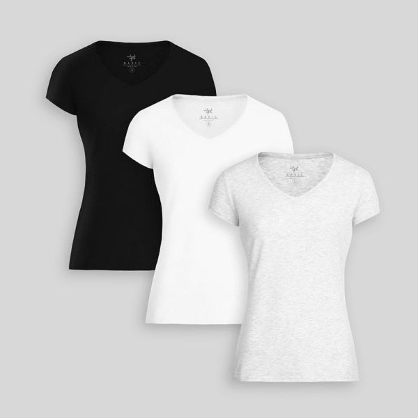 Pack de 3 polos Mujer Cuello V Blanco / Níquel Poly Htr / Negro